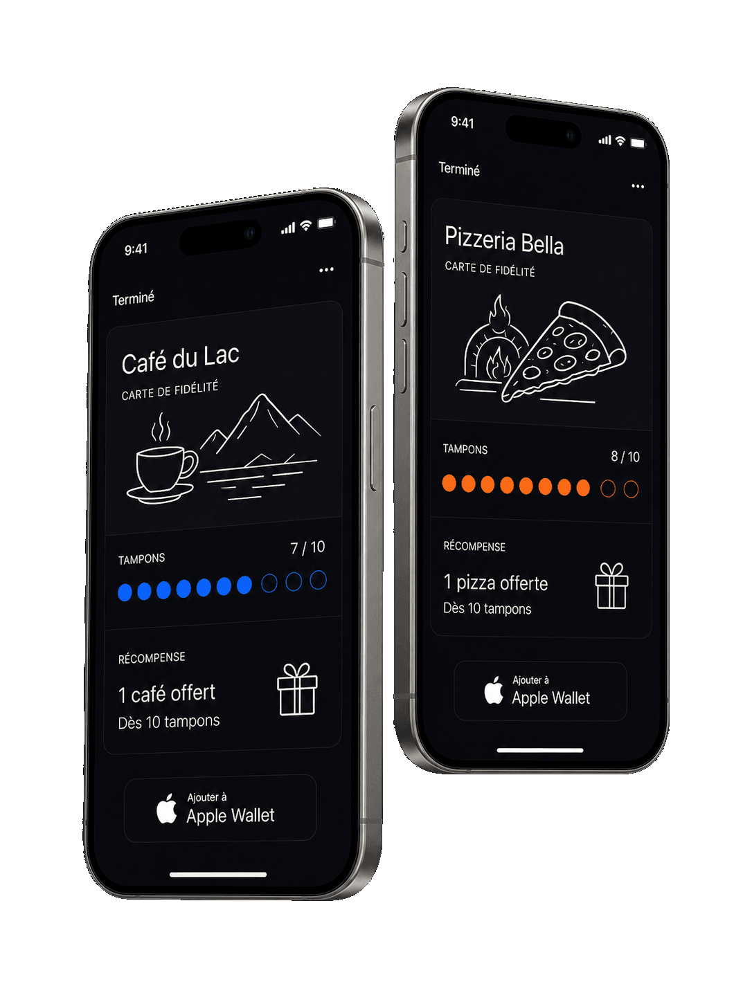 Cartes de fidélité Café du Lac et Pizzeria Bella dans Apple Wallet, sur deux iPhones